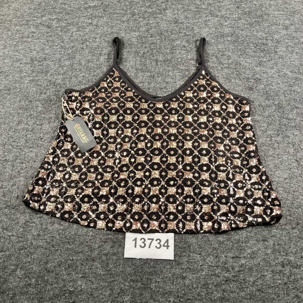 Shyanne Sequin Camisole Women Large Black Rose Gold NEW Western V-Neck Tank